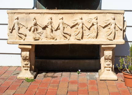 Rare Monumental Wheatley Pottery Figural Planter: Rare Monumental Wheatley Pottery Figural Planter. Late 19th/early 20th century. Rectangular form with high relief figures. Rests on pedestal bases. Marked on underside with WP and 174. 54w x 16 1/2d x