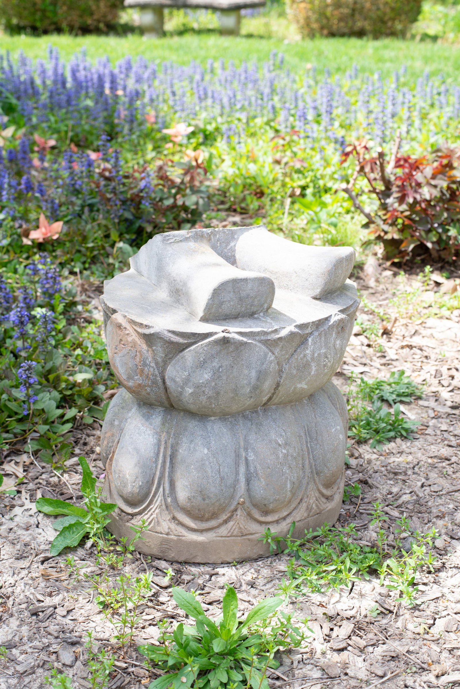 Chinese Stone Lotus Form Pedestal with Fragment: 20th Century Chinese Stone Lotus Form Pedestal with Fragment. 20th Century. Finely carved lotus form base with attached leg fragment. 14w x 12d x 15h Provenance; The Beth & J. Karp Collection, Indian 