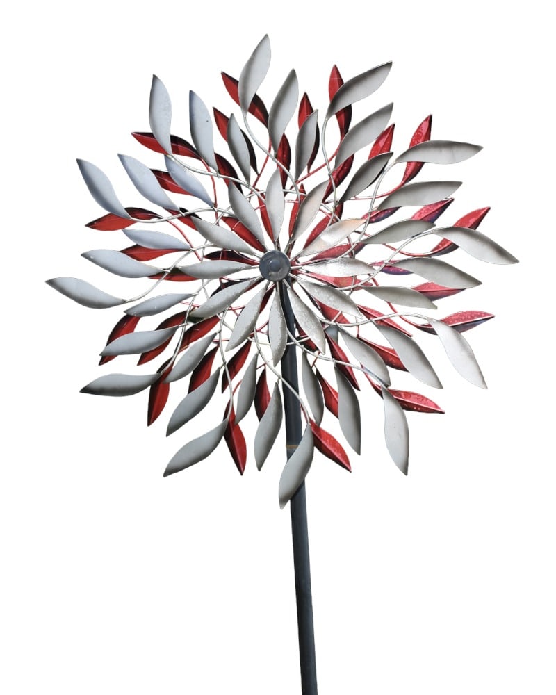 Red & Gray Pinwheel Wind Sculpture: Red & Gray Pinwheel Wind Sculpture. Dual motion rotors. 24w x 12d x 72h.
