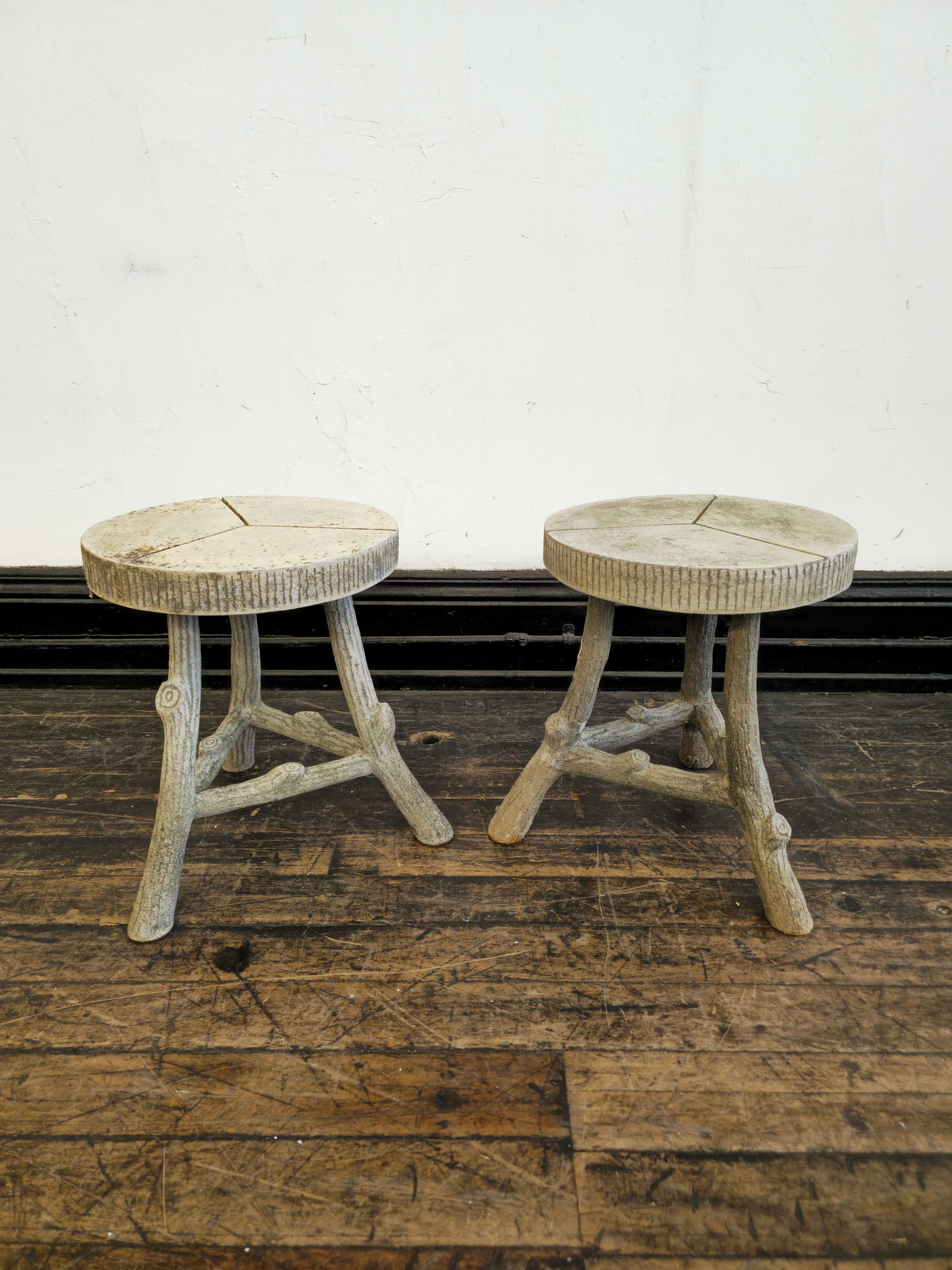Bois de Boulogne Faux Bois Occasional Tables: Bois de Boulogne Faux Bois Occasional Tables. Pair. Iron and concrete gives natural look. 14 1/2dia x 17h Provenance; The Beth & J. Karp Collection, Indian Hill, Ohio.