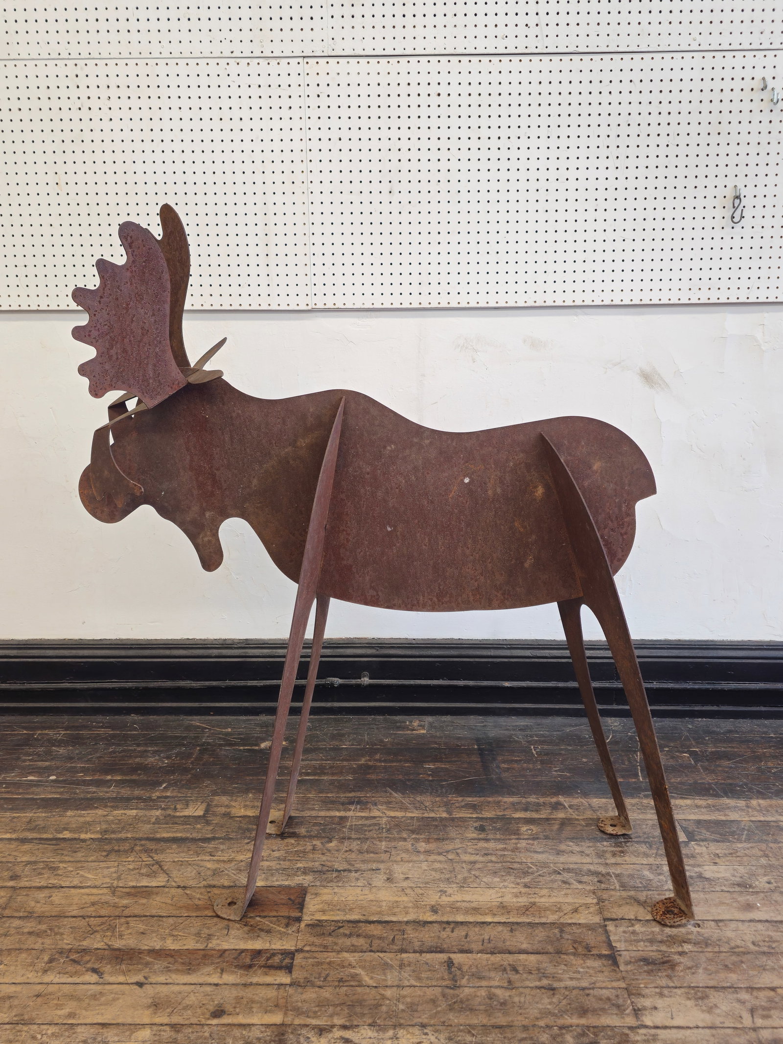 Corten Steel Moose Garden Sculpture: Corten Steel Moose Garden Sculpture. Collapsible for easy transportation. 45w x 11d x 53h. Provenance; The Beth & J. Karp Collection, Indian Hill, Ohio.