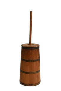 Antique Pine Staved Butter Churn: Staved Butter Churn. Circa 1920. Pine with brass bands. Has original dasher. 10dia x 33h.