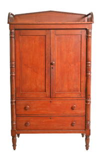 19th Century Kentucky Cherry Linen Press: Linen Press. Circa 1850. Cherry and poplar. Drawers dovetailed. Top has applied spool turned moldings and backsplash. 42 1/2w x 21d x 74 1/2h.