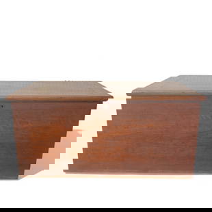 Antique Cherry Storage Chest: Storage Chest. Cherry and poplar. Old refinish. Blind dovetail case, lid with bread boards. Has original lock. 36w x 18d x 17h.