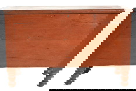 19th Century Kentucky Cherry Sugar / Storage Chest: Sugar / Storage Chest. Circa 1830. Used as a sugar without a divider. Cherry and poplar. Top with red board ends, remnants of old wall paper lining part of the inside lid. 37w x 16 1/2d x 23h.