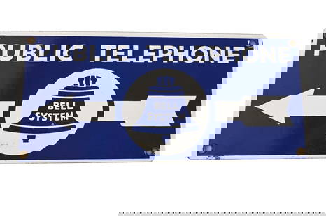 Double Sided Porcelain Public Telephone Bell System Sign: Double sided porcelain "Public Telephone Bell System" sign. 12 1/2"w x 5 1/2"h