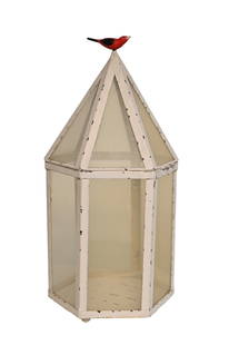 Folk Art Painted Steel & Glass Solarium: Folk art painted steel and glass solarium with hinged lid. Cathedral top in a pentagon shape with bird top. 10"w x 9 1/4"d x 22 7/8"h