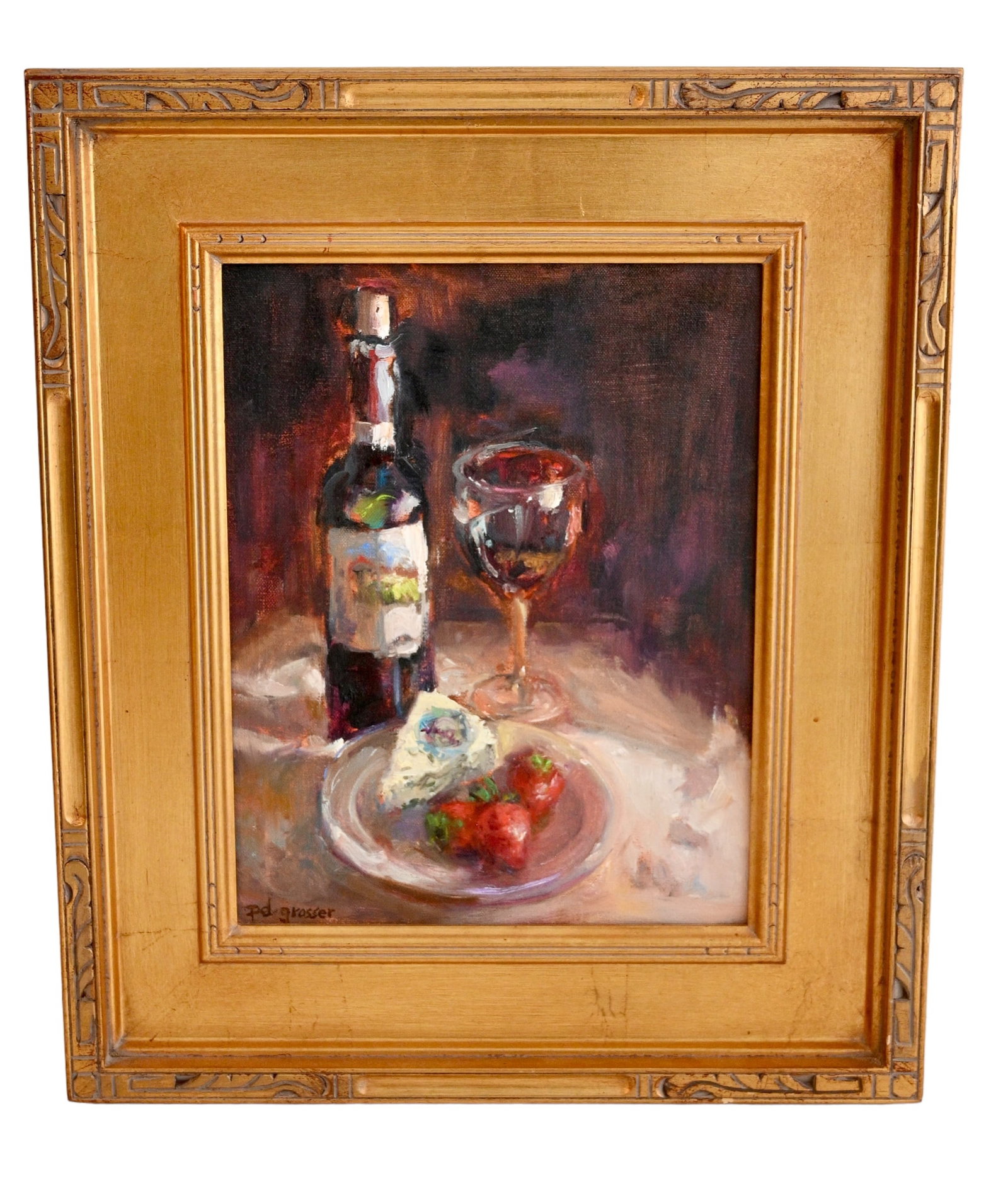 Marguerite "Peg" D Grosser (20/21st Century, Cincinnati, OH) Oil, Still Life: Oil on canvas, untitled still life of wine bottle, glass and dessert. Signed lower left. Sight- 13 1/2" x 10 1/2" Frame- 20 3/4" x 17 3/4"