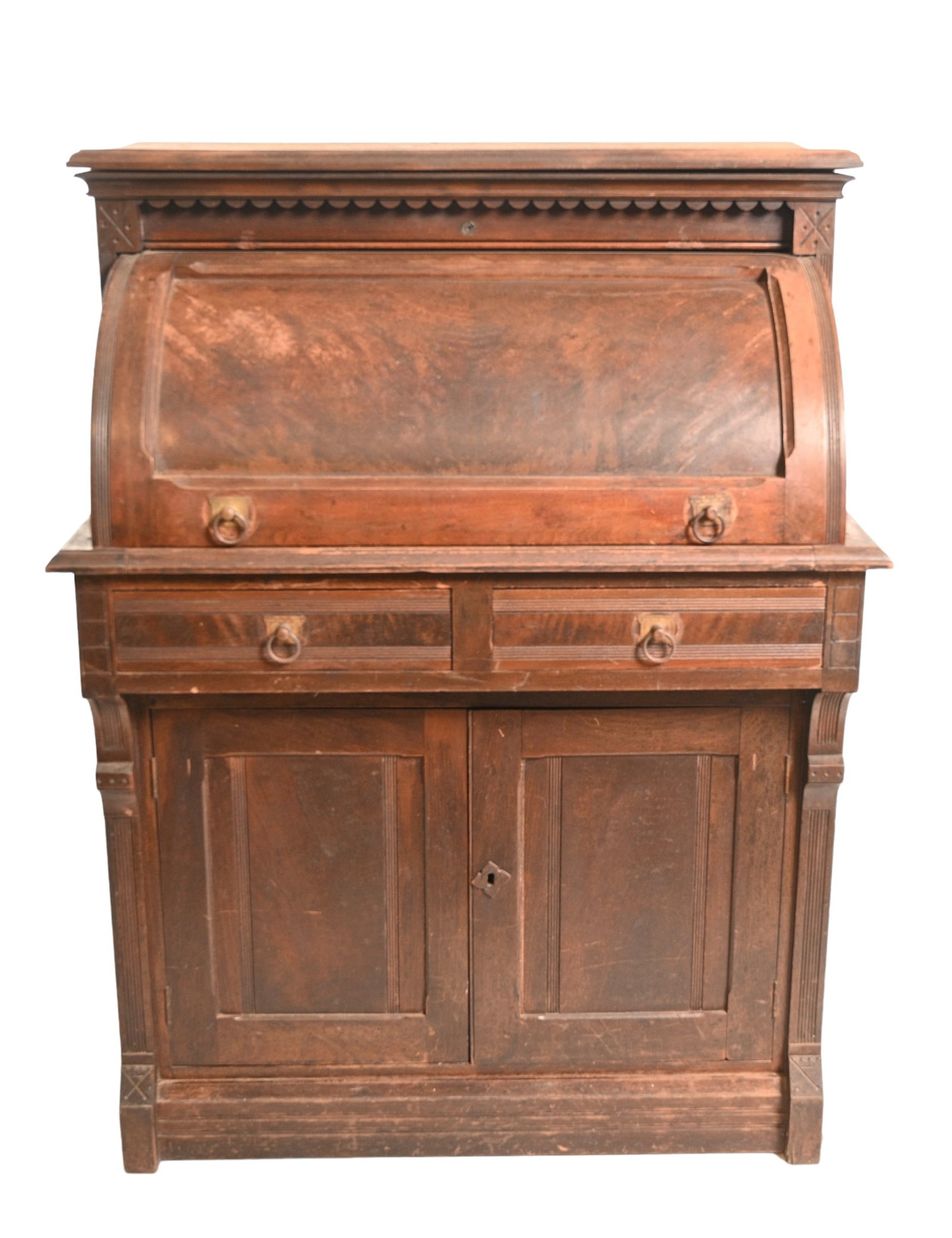 19th Century Cylinder Roll Front Desk: 19th Century Cylinder Roll Desk. Circa 1870. Mixed woods including walnut. Original finish and pulls. 33 3/4w x 24d x 45h.
