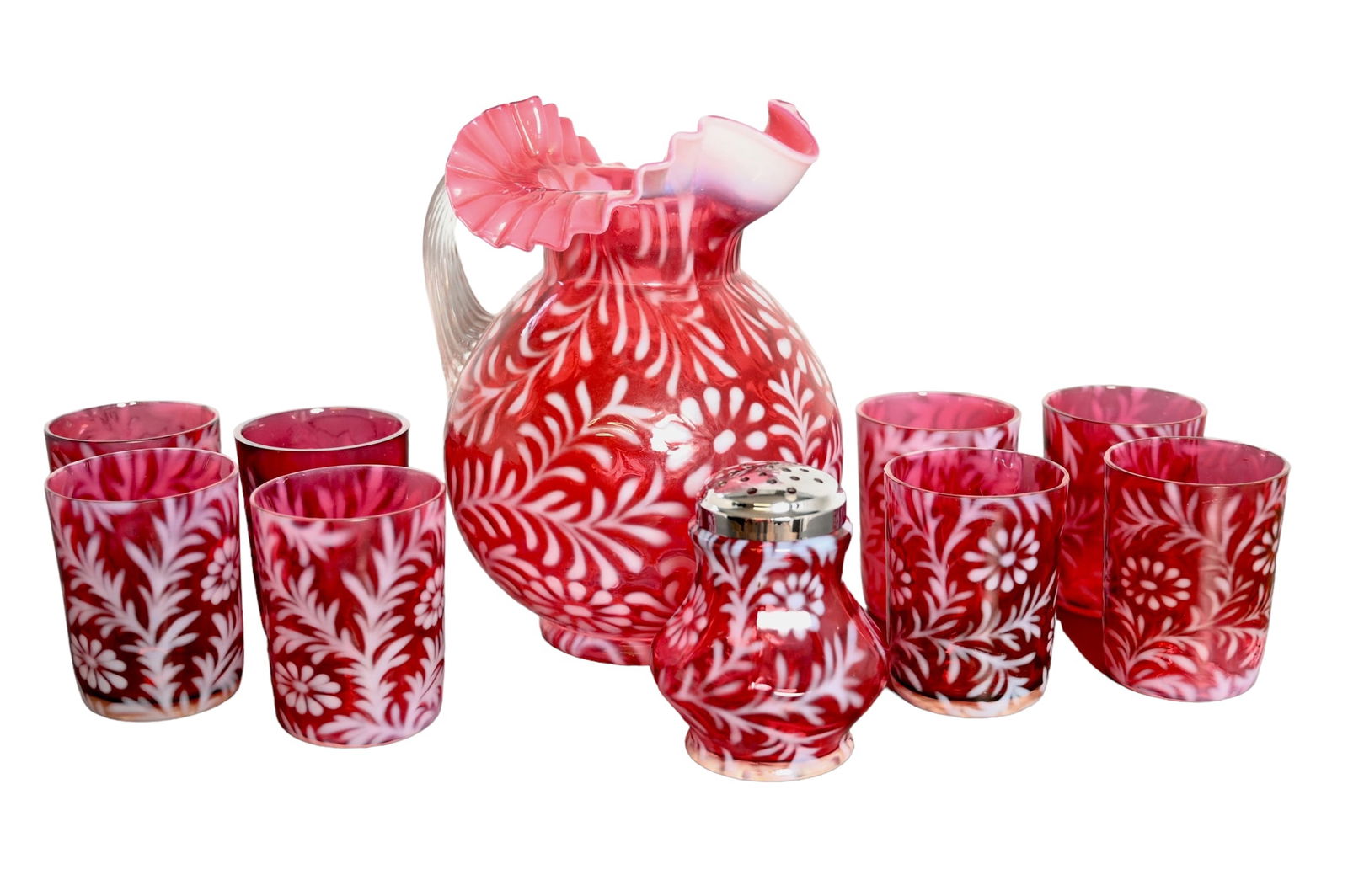 Assembled Fenton Daisey & Fern Cranberry & Opalescent Grouping (1 of 18)