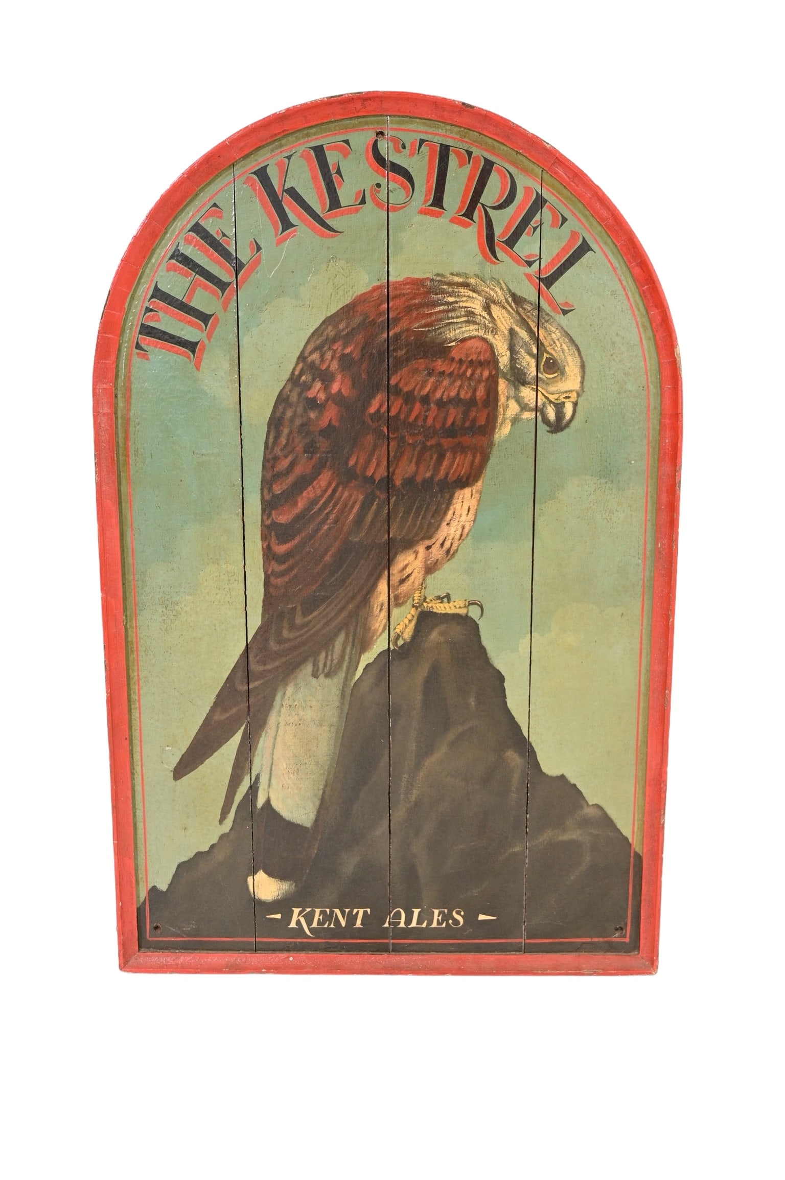 Kent Ales, The Kestrel Polychromed Sign: Kent Ales, The Kestrel Polychromed Sign, 20th century. Dome top paneled back hand painted signed with eagle perched on rock. Red thumb molded border. 23 1/2w x 1 1/4d x 36h