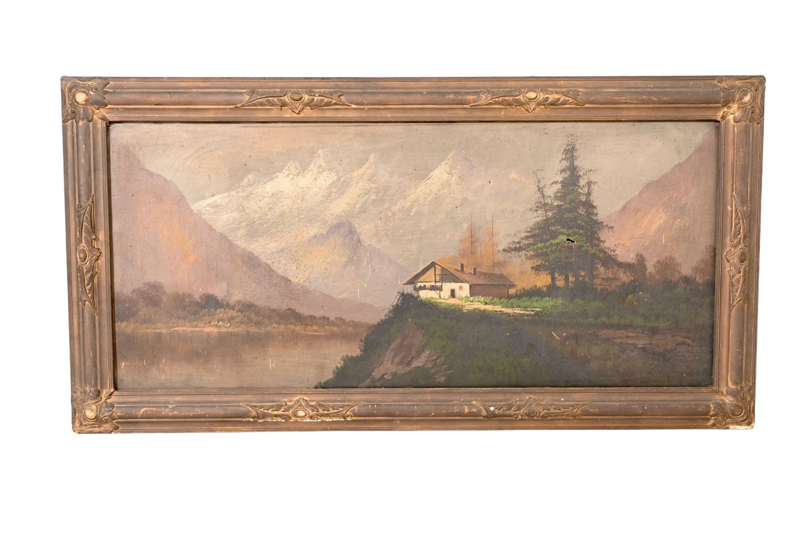 Hudson River Oil, House on Hillside: Oil on masonite, untitled, house on hillside of Hudson River Valley. Housed in molded 1930's frame. Sight 17 1/2 x 39 1/2. Frame- 23 1/2 x 45 1/4