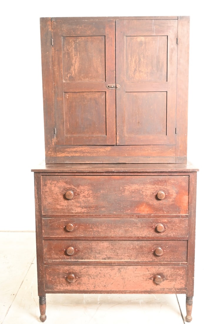 19th Century Kentucky Country Sheraton Chest: Country Sheraton chest. Circa 1850. Cherry and poplar. Cupboard is a later addition, drawers are dovetailed front and back. 41 3/4w x 22 1/4d x 79 1/4h.