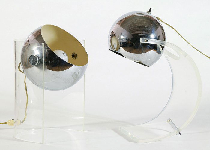 Robert Sonneman Lamps: Two lucite & chrome table lamps. Both have adjustable globes and vary in height. Size: Larger one 15", smaller one 12.5"