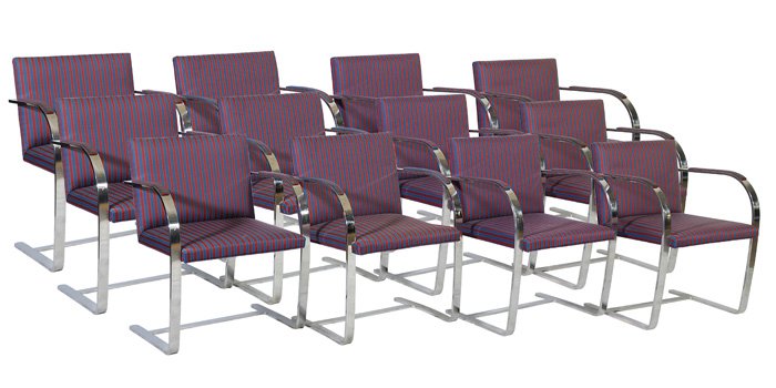 Brueton Chairs: Outstanding set of twelve Brno Chairs. Red & blue stripped upholstery and solid stainless steel. Label to one. Size: 23.25W x 17D x 30h.