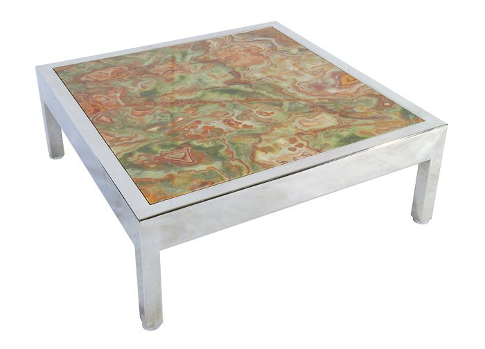 Milo Baughman (Attribution) Table: Amazing exotic marble top chrome plated square coffee table with round chrome feet. Size: 39.25W x 39.25D x 16H