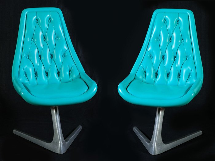 Vladimir Kagan Chromcraft Chairs: Pair of Sculpta lounge chairs in original teal blue vinyl and cast aluminum. These chairs were featured in the original Star Trek series. Size: 37.5H x 22W x 27D