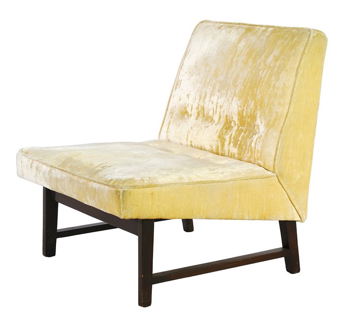 Edward Wormley Chair: Elegant Dunbar slipper chair on a mahogany frame in original silk upholstery. Size: 31H x 26W x 28D