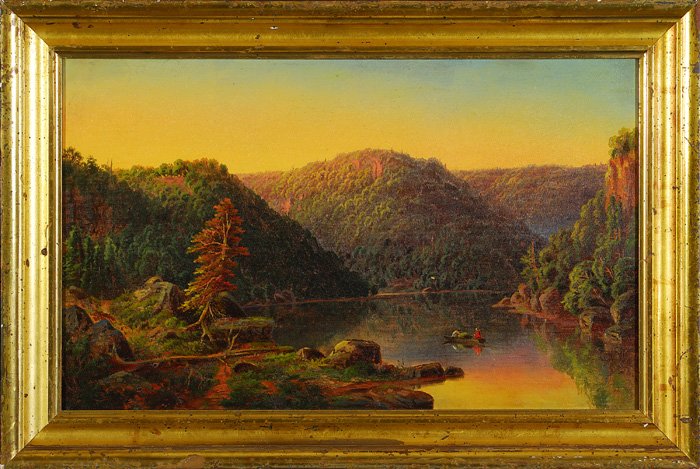 William Louis Sonntag Sr. (Attrib) 1822-1900 - Oil: Wonderful oil on canvas of a woodland scene with a canoe on a lake, figures, hills and trees. From the estate of Alex Gortsas. Size: 12.75H x 20W
