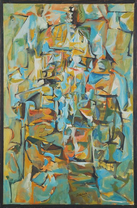 Rex Jesse Ashlock (1918-1999) - Oil: Abstract oil on canvas in bright colors with various shapes & patterns. Signed LR Ashlock 1/56. Size: 43H x 28W