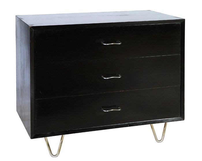 George Nelson Chest: Ebonized oak, aluminum and silverplate three drawer chest on hair pin legs. Partial original label. Manufactured by Herman Miller. Size: 29.5H x 34.25W x 20D