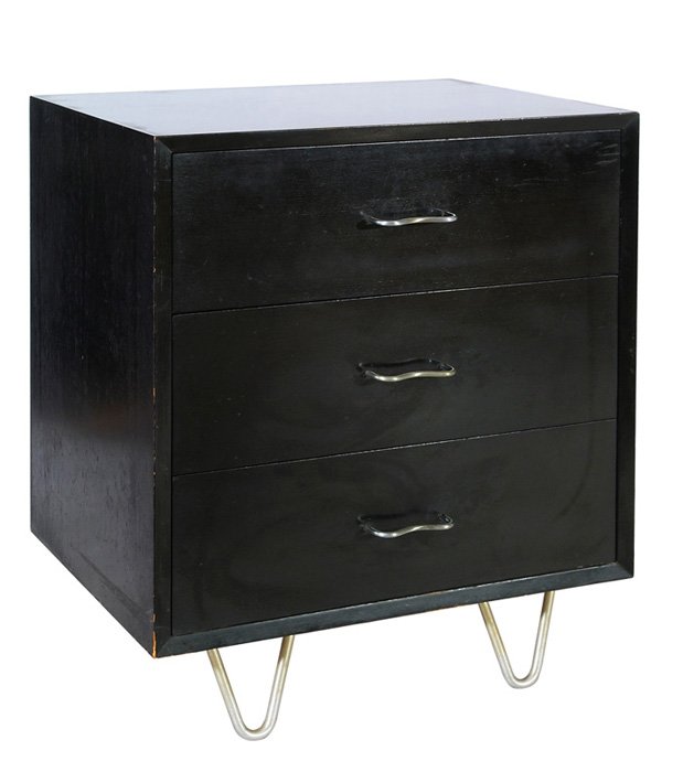 George Nelson Chest: Small three drawer chest in ebonized oak with silver plated pulls and aluminum hair pin legs. Manufactured by Herman Miller. Size: 29.5H X 24.25W x 20D