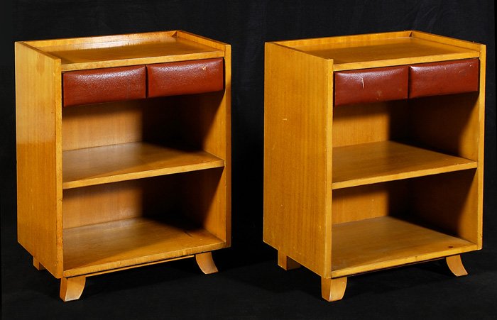 Pair of Gilbert Rohde Stands: Pair of mahogany & leather nightstands, each with one drawer and one shelf. Original label #4140. Size: 25.5H x 18W x 12D