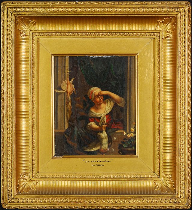 After Gerrit Dou - Oil: 19th Century oil on canvas, housed in ornate frame of a woman looking in the distance in great detail. Size: 8.25H x 7W