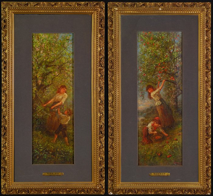 James Crawford Thom (1835-1898) - Oils: Wonderful pair of oils on canvas entitled "Spring" & "Summer". Well executed in good detail. Artist is a second generation Hudson River School Artist. Size: 26H x 9W