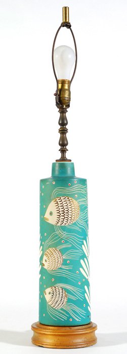 Waylande Desantis Gregory (1905-1971) Lamp: Blue ceramic lamp on wood base and brass stem. Very detailed depiction of a school of fish swimming. Signed near bottom. Size: 42H