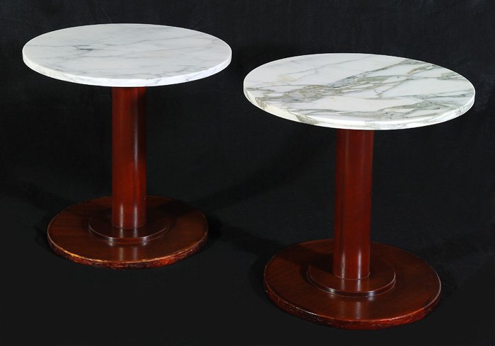 Ward Bennett (Attribution) Tables: Pair of mahogany and marble side tables with two tier round disc base and cylindrical support. Size: 20.25H x 20W x 20D