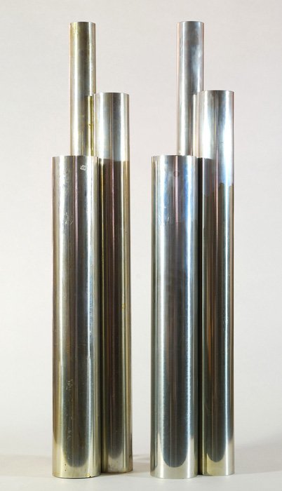 Vladimir Kagan Floor Lamps: Pair of tall chrome plated tubular pipe lamps with original floor switch. Size: 48"H