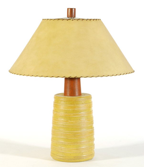 Gordon and Jane Martz Lamp: Ceramic and walnut table lamp with original finial and shade by Marshall Studio. Size 29"H