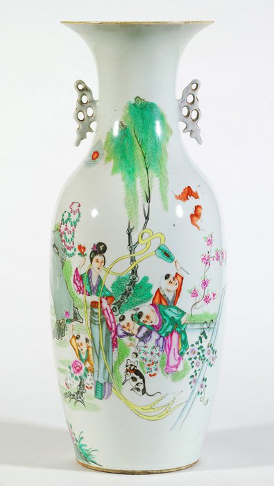 Chinese Porcelain Floor Vase: Lovely painted garden scene with figures and bats, extensive painted calligraphy on verso with bat wing handles. Size: 22.75"H