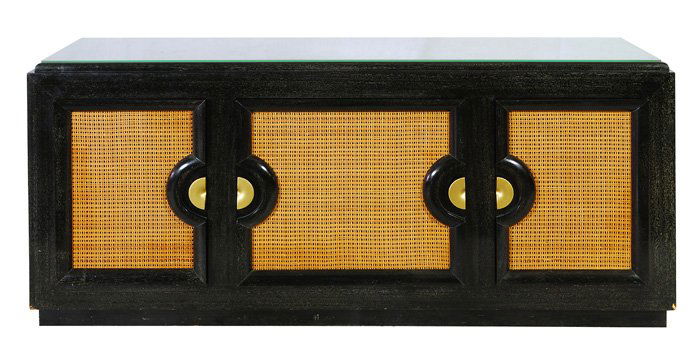 Paul László Credenza: Ebonized oak & cane credenza with brass half moon pulls and four drawers of ample storage. Size: 32.25H x 72L x 20D