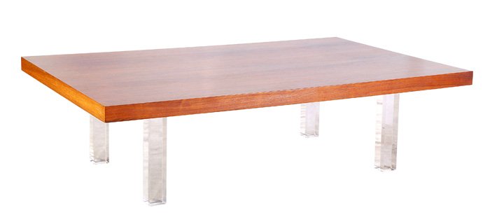 Milo Baughman Coffee Table: Outstanding rosewood coffee table (#4344) on lucite legs with original Thayer Coggin Label and dated 1966. Size: 13H x 48W x 30D
