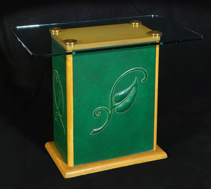 Grosfeld House Table: Cerused oak, brass and embossed leather occasional table. Leaf pattern in each panel. #305 to underside. Size: 22.25H x 28L x 16W