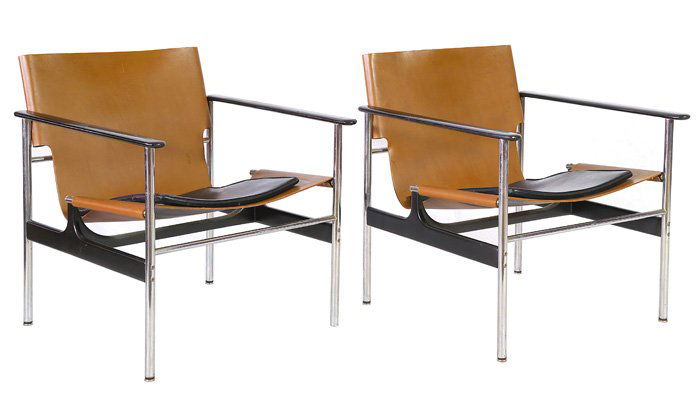 Charles Pollock Chairs: Pair of brown and black leather, iron, chrome and enamel plated arm chairs. Manufactured by Knoll. Size: 28.25H x 25W x 26D