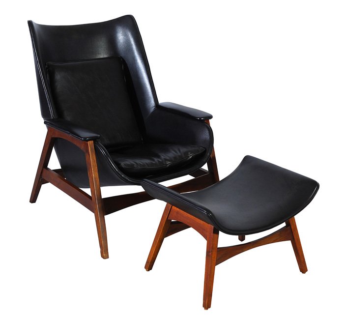 Jens Risom (Attribution) Chair and Ottoman: Black vinyl and walnut chair and ottoman with bow tie stretchers throughout chair. Size: Chair - 34.5H x 29W x 37D, Ottoman - 16H x 24W x 18.25D