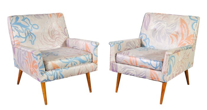 Milo Baughman Chairs: Pair of upholstered arm chairs on tapered birch legs, possibly original upholstery. Size: 29H x 27W x 29D