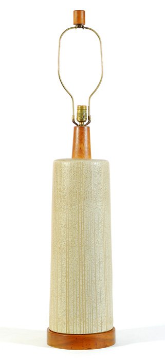 Gordon and Jane Martz: Very Large ceramic and walnut Table Lamp Nice Handsome colors original finial Size 43"