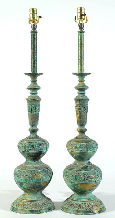 Marbro Lamps: Pair of Nice Tall Slender Table Lamps with Asian Influence Viagated petina over metal Size 34 (without harps)