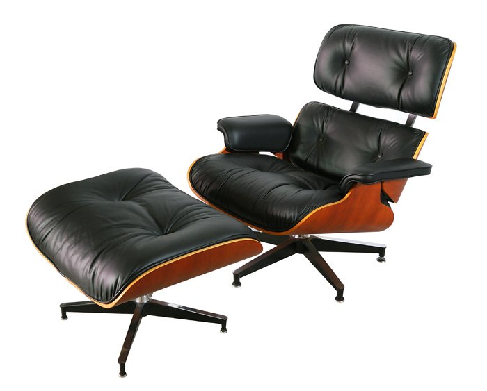 Charles and Ray Eames: 670 and 671 Manufactured by Herman Miller. Black leather, cherry chrome and enamel plated metal, icon of the 20th c. Size, Chair 33W x 33.5D x 33H Ottoman 26W x 21.5D x 16H