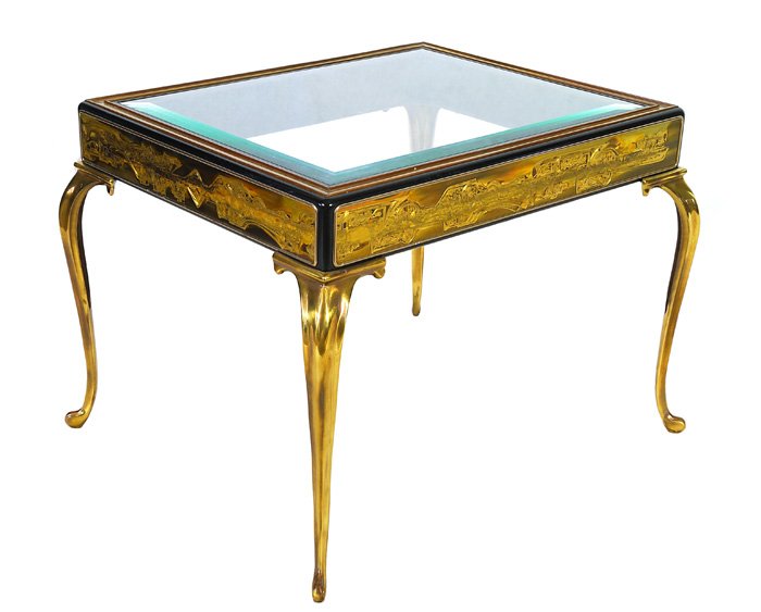 Bernstein Rohde: Pair of Mastercraft acid etched bronze, black lacquered and brass occassional tables with beveled glass tops, Queen Anne legs 23.75L x 19.75W x 17H