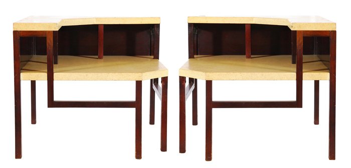 Paul Frankl Corner Table: Cork and mahogany corner table. There is only one table. The 1st image is a "mirror" image to show the table from multiple sides. Size 32 x 32 x 28.25H