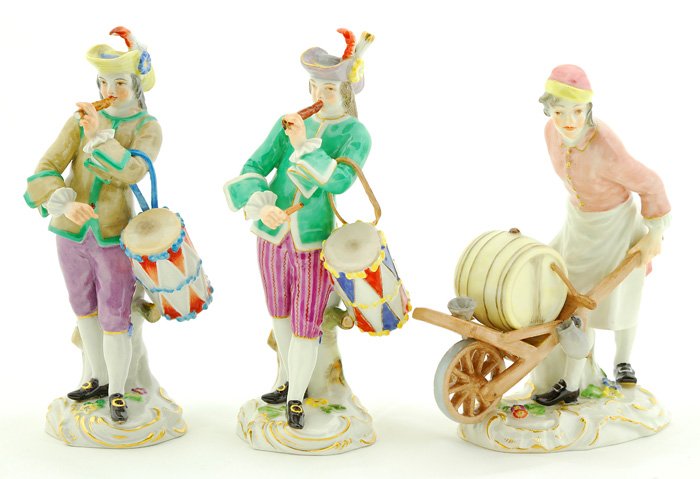 Meissen Figurines: Street vender, muscian, man pushing Cart with barrel, two, muscicians, with flute & drum. All with cross swords mark, 5" to 6"
