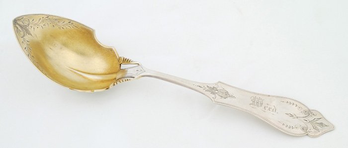 Duhme & Co Ladle: Coin silver ladle with engraved decorations, marked on handle with original owners name of "Weed" on handle 12" long 4 ozt.