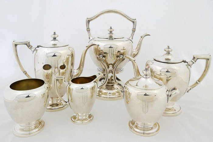 Sterling Reed & Barton Tea Set: Six piece tea service, tea & coffee pots, creamer, sugar with lid, waste bowl, hot water kettle with stand and burner, coffee pot 9.5 The kettle whale sterling is another maker and close pattern match