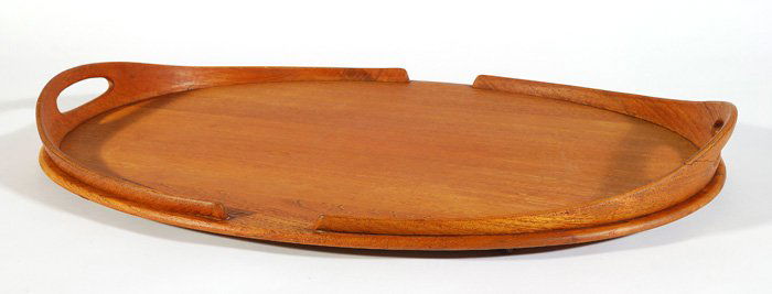 Jens Quistgaard: Large teak double handled serving tray. First year production. Manufactor Dansk. Branded designer's Initials. 25.75L x 19W x 2.75H