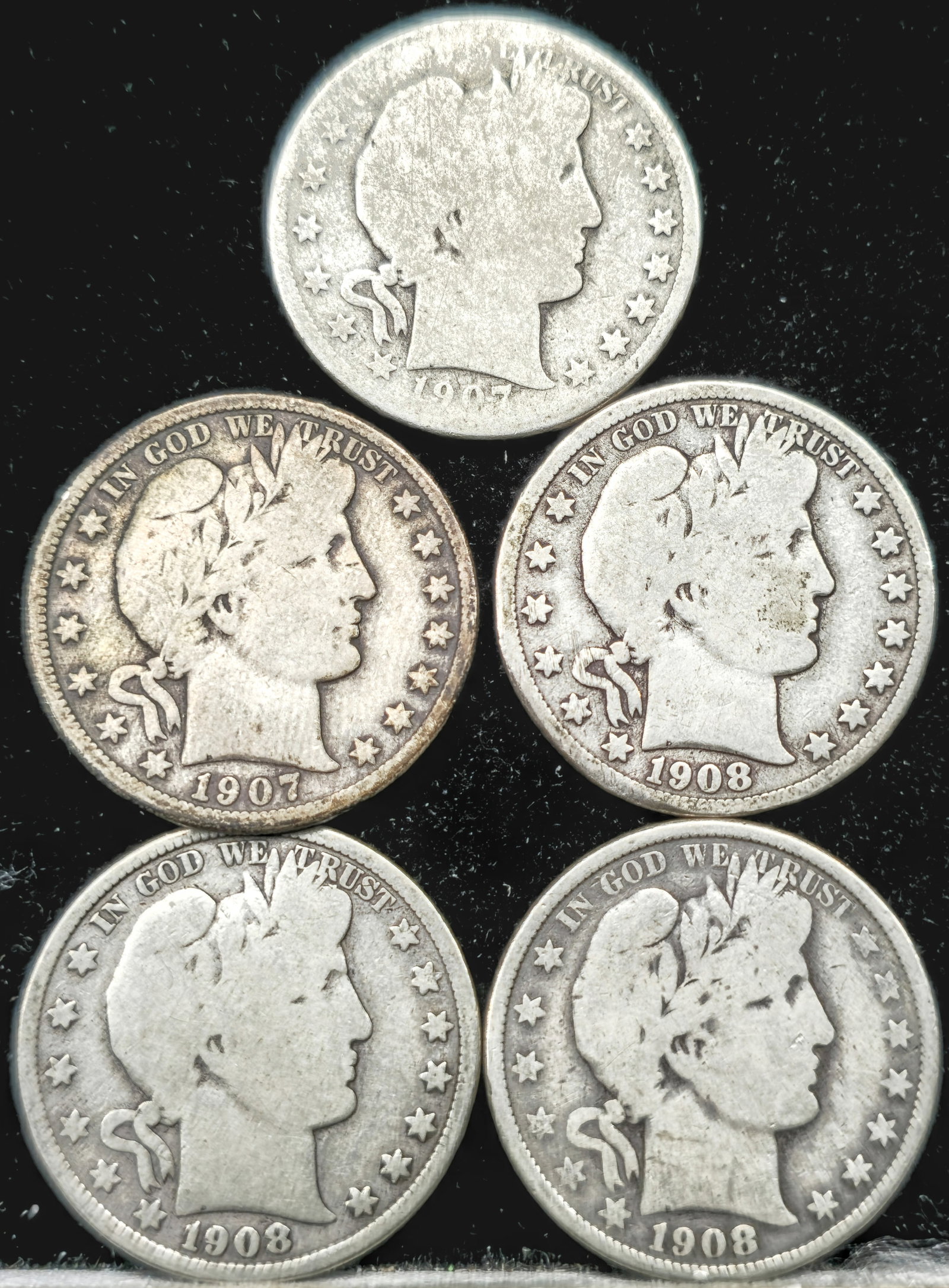 1907 & 1908 Barber Half Dollar Coins (1 of 2)